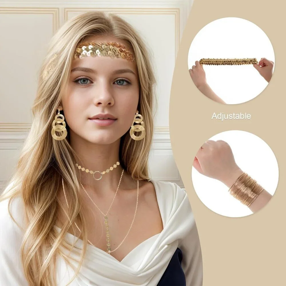 70s Disco Accessories Set Women's Gold Costume Jewelry Party Supplies